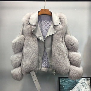 Mode vraie fourrure de renard moto cuir manteau de fourrure en peau de mouton femmes vestes et manteaux d'hiver - Product Image 1