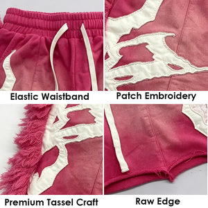 <b>Men</b> Vintage Washed Fuzzy Fringe Sweat <b>Shorts</b> Custom <b>Patch</b> Embroidery Oversized Baggy Streetwear <b>Shorts</b> OEM ODM Low MOQ 50PCS - Product Image 2