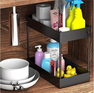 Under Sink Organizer Under Bathroom Sink Storage 2 Tier Organizer Bath Collection Baskets with Hooks Under Sink Shelf