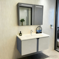 Meuble-lavabo mural moderne en acier inoxydable pour salle de bain, résistant à l'eau, avec vasque en céramique sans joint et double porte silencieuse