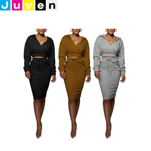 Juven, gran oferta, conjuntos de falda de dos piezas, Top corto de manga larga para mujer, Sudadera con capucha y faldas hasta la rodilla para mujer, conjuntos de 2 piezas de trabajo - Product Image 1