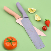 Ensemble de six couteaux de cuisine jetables en acier inoxydable avec manches en paille de blé, coloris macaron, revêtement ambidextre, bord droit