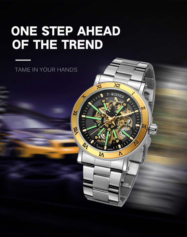 Мужские механические часы WINNER 8256, уникальные серебряные часы с ремешком из натуральной нержавеющей стали, высококачественные светящиеся деловые часы с персонажами