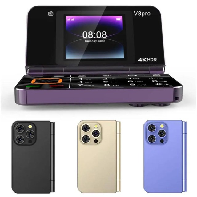 V 8 PRO Flip Mobile Phone 2G GSM 1.77" Display Auto Call Recorder Speed Dial 32+64MB Memory 2 SIMs Foldable Keyboard Telephone