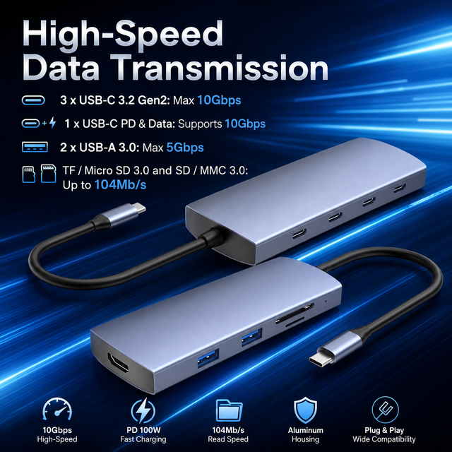 9 in 1 USB C Hub 10Gbps Type C 3.2 Gen2 4K 60Hz HDMI 100W PD SD TF 3.0 Card Reader Multiport Docking Station Adapter