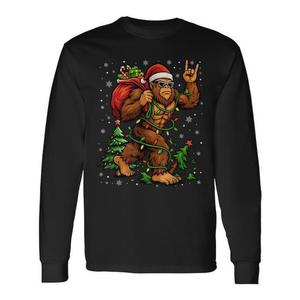 Santa Bigfoot Christmas Tree Xmas Lights Sasquatch Camiseta de manga larga para hombre - Product Image 1
