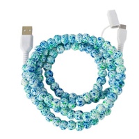 Câble USB-C perlé fait main, coloré, avec perles de peinture sous-glaçure bleu-vert vives et motifs floraux craquelés, pour ordinateur, charge rapide 3A