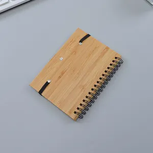 Penutup bambu kustom notebook koil ECO Spiral logam ganda dengan pena kertas dapat didaur ulang Band elastis Notebook hadiah promosi