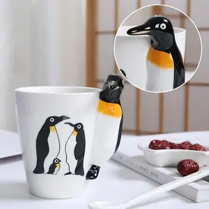 사용자 정의 디자인 모양 OEM ODM 수제 그림 손으로 그린 3d 동물 펭귄 세라믹 물 커피 컵