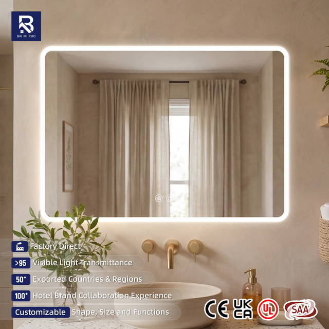 Modern Frameless Rounded Rectangle LED Bathroom Mirror Front-lit Smart Vanity Mirror Anti-Fog Touch Dimmer for Home Hotel Decor