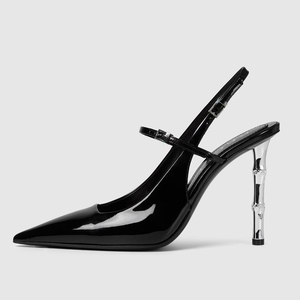 Sandalias de tacón alto plateadas de charol para mujer, talla grande 45, con punta, correa trasera, estilo slingback, para verano - Product Image 1