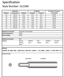 UL1569 105 ℃   Fil de cuivre toronné/étamé isolé en PVC 300V 10-30AWG pour raccordement électronique - Product Image 5