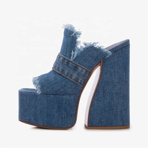 High Chunky <b>Heels</b> Women Thick <b>Platform</b> Peep <b>Toe</b> Denim Sandals Summer on Slippers Jeans Shoes Custom Logo Colors - Product Image 1