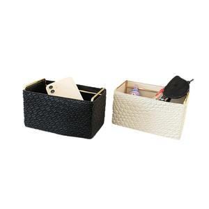 Boîte de rangement en cuir rectangulaire noire tressée, organisateur de bureau pour cosmétiques, support pour désordre de bureau, couleur unie - Product Image 2
