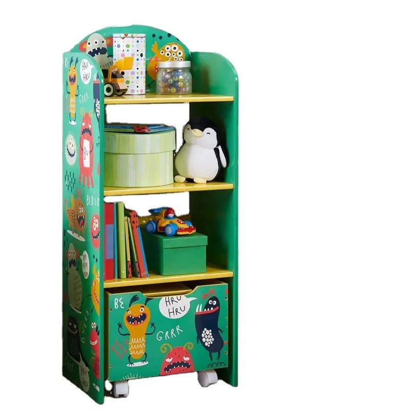 Toffy & Friends estantería de madera para niños, almacenamiento de juguetes con ruedas de madera