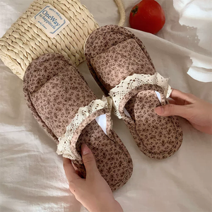 Pantuflas de algodón estilo hogareño retro con encaje floral, para las cuatro estaciones, de lino, para mujer, de ocio, para interiores, con borde de encaje coreano, para niña, con estampado floral. - Product Image 6