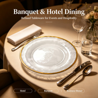 Assiettes de Dîner en Verre à Bord Doré en Gros, Assiettes de Présentation Modernes de Luxe Léger pour Mariage, Vaisselle Horeca Écologique Peinte à la Main