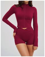 Ensemble de vêtements de sport pour femmes, en spandex/nylon, anti-transpiration, avec fermeture éclair, veste courte à manches longues, short taille haute (moulant), uni