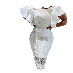 Robe de <span class=keywords><strong>soir</strong></span>ée à manches volantées et asymétrique <span class=keywords><strong>pour</strong></span> femmes, tissu à tricoter blanc uni, été décontracté <span class=keywords><strong>pour</strong></span> dame de bureau - Product Image 3