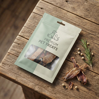Pochette à trois soudures latérales prête à l'emploi en PET/PE laminé avec fermeture éclair refermable et trou de suspension pour l'emballage et la vente au détail de friandises pour animaux de compagnie