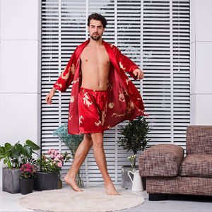 LYX023 camicia da notte da <span class=keywords><strong>uomo</strong></span> in seta e Shorts abito due pezzi per estate pigiama a maniche lunghe Plus size <span class=keywords><strong>accappatoio</strong></span> drago - Product Image 6