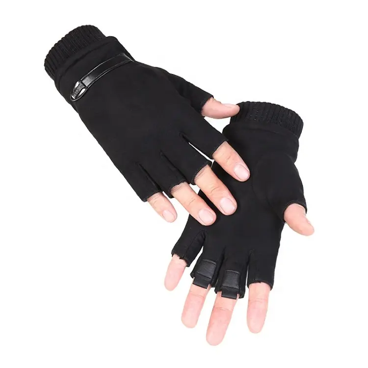 Guantes deportivos cálidos de medio dedo para hombre, guantes sin dedos de lana Polar con tapa abatible, para invierno