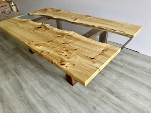 Table en bois massif à bord vif, fabriquée à la main, de couleur naturelle, meubles modernes, sur mesure, avec verre transparent, OEM accepté - Product Image 4