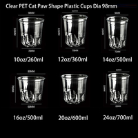 Nouvelle conception, gobelet en plastique PET transparent à motif de patte de chat de 90 mm, 360 ml, jetable, avec couvercles, pour boissons froides, café glacé, bubble tea, boissons