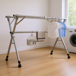 Séchoir à linge pliable en métal à 3 niveaux réglables avec 20 crochets pour usage intérieur/extérieur, design en forme de X, style minimaliste - Product Image 2