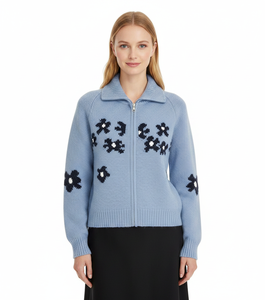 Custom Women Knit Sweater Long Sleeve Turn-down Collar Ladies Sweater Intarsia Flower Raglan Sleeve Zipper Women Knit Cardigan