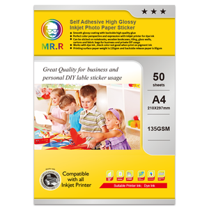กระดาษสติกเกอร์ <span class=keywords><strong>MR</strong></span>.R <span class=keywords><strong>เคลือบ</strong></span>เงาสูง พิมพ์อิงค์เจ็ทได้ 50 แผ่นต่อแพ็ค 135/80 แกรม ขนาด 210x297 มม. A4 - Product Image 2