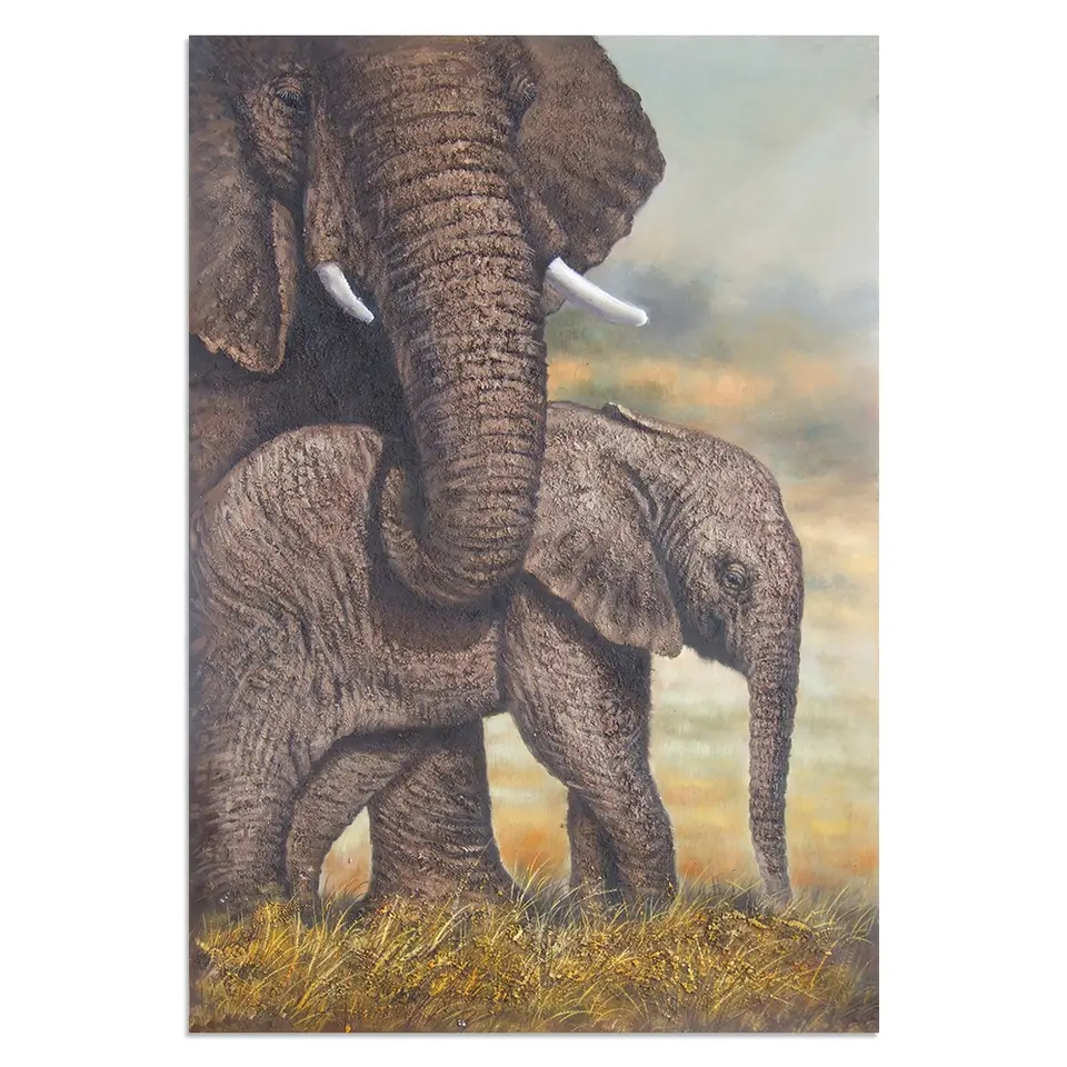 Large Original Wall Art Realistic African Grassland Photograph Wild Animal Handmade Oil Elephant Painting