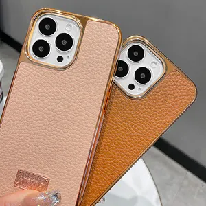 VIETAO Luxury Lychee Leather Mobile Phone Cover Case For Iphone 15 14 Pro Max 13 Pro 12 Pro Pink Electroplated Cellphone Case