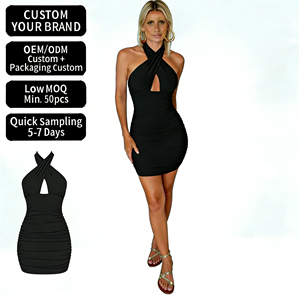 Robe Mini <span class=keywords><strong>Sexy</strong></span> Personnalisée OEM&ODM pour Femme – Halter Sans Manches, Dos Nu, Moulante, Croisée, Froncée, Coupe Slim – Tenue de Soirée et de Club - Product Image 1