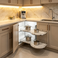 Armoire de cuisine Shaker en bois clair CBMmart avec bande LED, îlot cascade en marbre, cuisine personnalisée pour l'intérieur de villa
