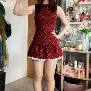 Vestido Chaleco sin Mangas a Cuadros con Falda Plisada en Bloques de Color, Estilo Casual de Punto para Mujer, Moda Urbana - Product Image 5