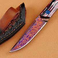 Couteau à lame fixe en acier de Damas avec manche en bois coloré, couteau droit d'extérieur avec étui en cuir pour collection et camping