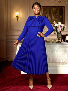 AM050850 elegante autunno con collo alto a manica lunga a trapezio plissettato blu Midi Plus Size formale <span class=keywords><strong>da</strong></span> <span class=keywords><strong>donna</strong></span> abito Casual <span class=keywords><strong>da</strong></span> chiesa - Product Image 2