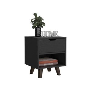 Modern Nightstand 19H Black Drawer <b>Open</b> Shelf Wooden Legs Bedroom <b>Storage</b> - Product Image 5