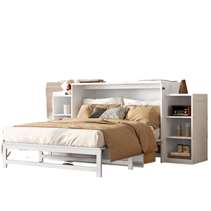 <span class=keywords><strong>Lit</strong></span> Murphy moderne en pin pleine grandeur avec tiroirs de rangement spacieux et étagères pliables <span class=keywords><strong>pour</strong></span> chambres d'amis ou chambres compactes, blanc - Product Image 1