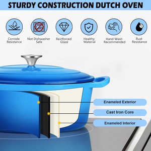 Olla Holandesa Ovalada TeamFar de Hierro Fundido Esmaltado y Cerámica con Tapa de Acero Inoxidable de 5qt para Hornear/Poner a Estufar/Asar/Freír, Multiusos - Product Image 4