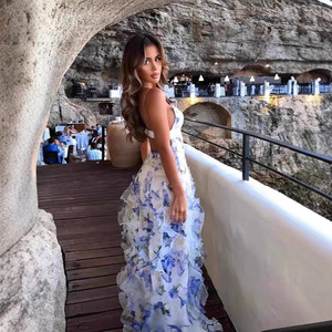 Robe de soirée longue en mousseline à imprimé floral, épaules dénudées, taille empire, avec superposition transparente, élégante pour femme - Product Image 2