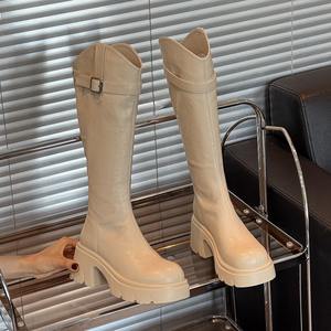 Nouvelles bottes pour femmes à talons épais et semelles compensées, style chevalier, sans bas de tige tombant, nouvelle collection automne, bottes longues en V - Product Image 4