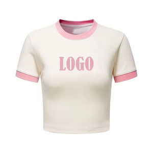 Crop <span class=keywords><strong>top</strong></span> en coton spandex à col rond pour femmes, couleur unie, coton de qualité, impression personnalisée, crop <span class=keywords><strong>top</strong></span> à col rond, t-shirt de sport - Product Image 1