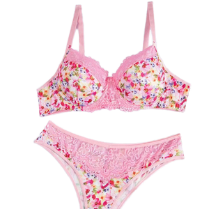 European American Women's Sexy Lace Push-Up 3/4 Cup <b>Thong</b> Set Adjusted Straps Embroidered Printed Underwire Support Breathable - Product Image 1