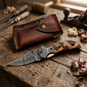 Cuchillo Plegable de Damasco Forjado a Mano Personalizado, Hoja de Punta Caída, Mango de Madera, Perilla para el Pulgar, Cuchillo de Caza - Product Image 2