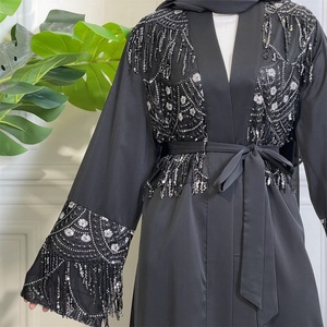 1905# High Quality Black Nida Open Abaya With Silver Sequins Long Sleeve Fashion Dress Abayas for Muslim Women - Product Image 3