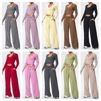 Ensemble de vêtements de sport nude pour femme, pantalon de yoga à jambes larges, couleur unie, ensemble de vêtements de sport, soutien-gorge push-up, leggings à manches longues, ensemble de 3 pièces