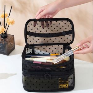 Bolsa de cosméticos de malla de doble capa con estampado de corazones negros, organizador de artículos de tocador portátil de gran capacidad para viajes - Product Image 3