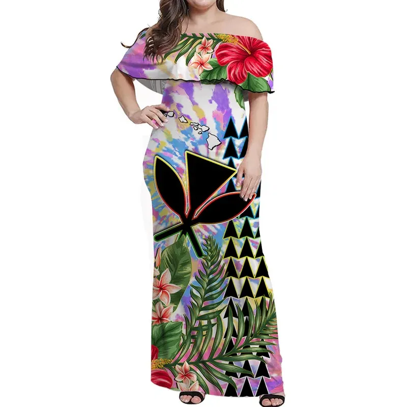 Hawaii Arco Iris Tie Dye vestidos de manga larga flores polinesio Hawaiano Tribal Maxi vestido elegante Sexy fuera del hombro falda de noche